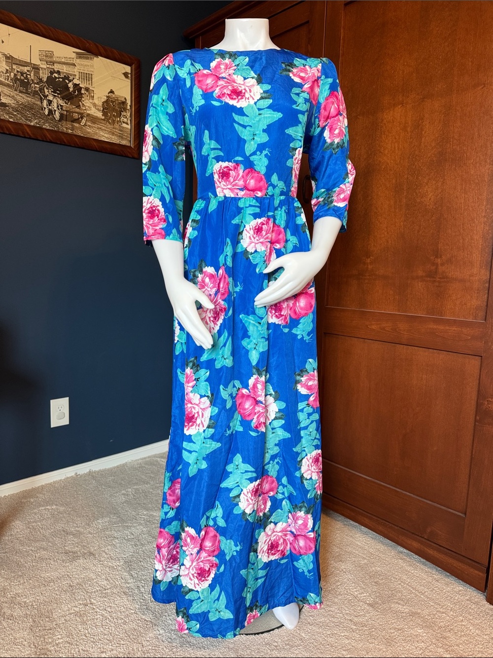 Vibrant Blue Floral Maxi Dress with Pink Roses